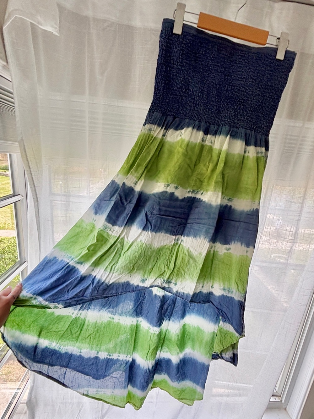 Michael Kors Smocked Strapless Tie-Dye High-Low Dress in Blue, Green & White
